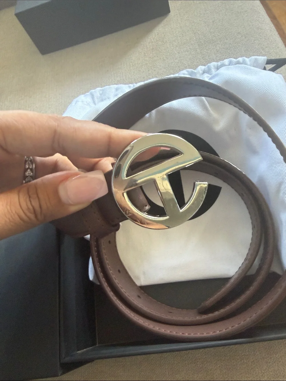 Telfar Brown Leather Belt with Silver Logo Buckle